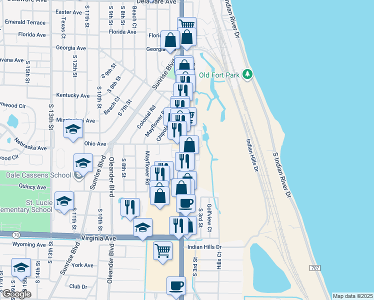 map of restaurants, bars, coffee shops, grocery stores, and more near 1600 South US Highway 1 in Fort Pierce