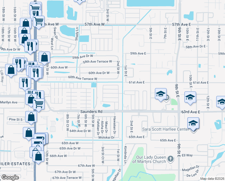 map of restaurants, bars, coffee shops, grocery stores, and more near 9 Peach Avenue in Bradenton