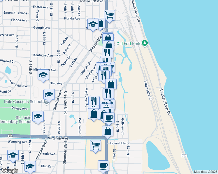 map of restaurants, bars, coffee shops, grocery stores, and more near 1600 South US Highway 1 in Fort Pierce