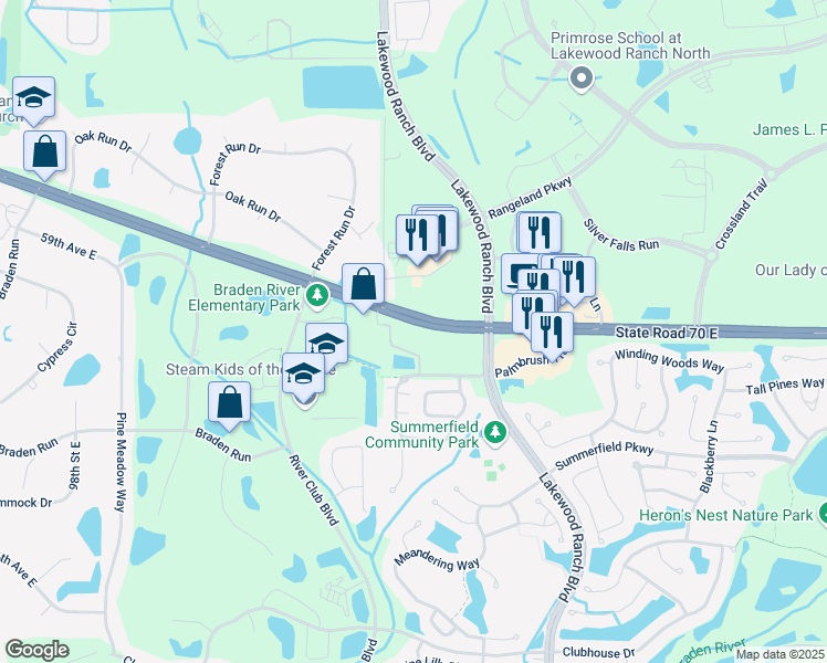 map of restaurants, bars, coffee shops, grocery stores, and more near 11141 State Road 70 East in Bradenton