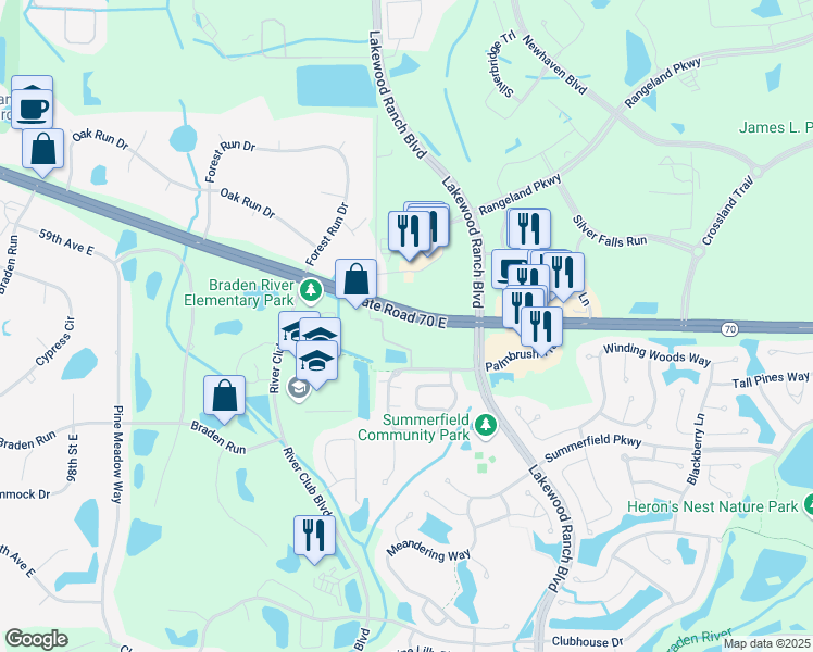 map of restaurants, bars, coffee shops, grocery stores, and more near 11120 East State Road 70 in Lakewood Ranch