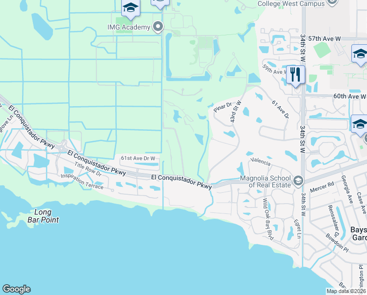 map of restaurants, bars, coffee shops, grocery stores, and more near 6113 45th Street West in Bradenton