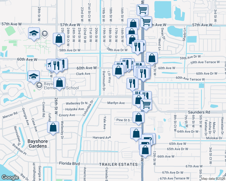 map of restaurants, bars, coffee shops, grocery stores, and more near 6069 Arlene Way in Bradenton