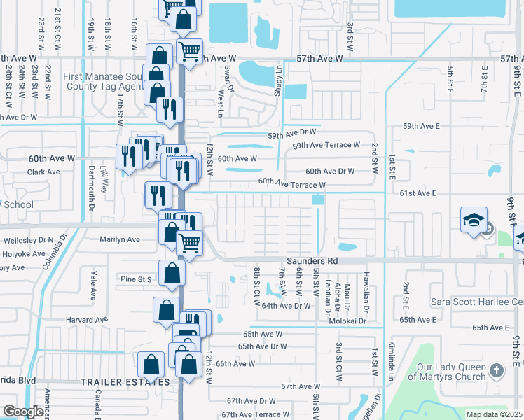 map of restaurants, bars, coffee shops, grocery stores, and more near w13 Holland Avenue in Bradenton