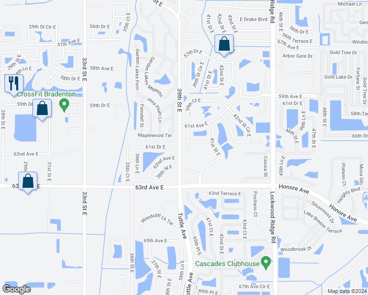 map of restaurants, bars, coffee shops, grocery stores, and more near 6138 39th Court East in Bradenton