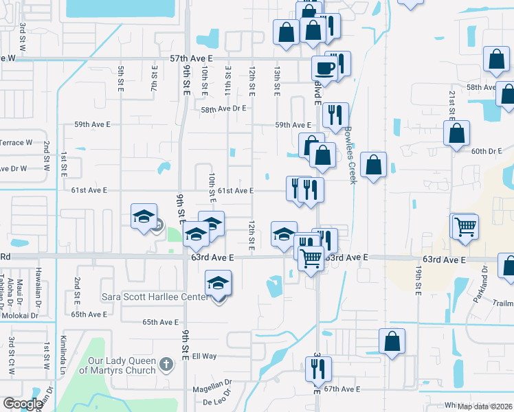 map of restaurants, bars, coffee shops, grocery stores, and more near 6120 12th Street East in Bradenton