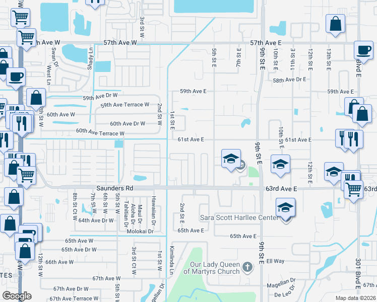 map of restaurants, bars, coffee shops, grocery stores, and more near 171 Guava Circle in Bradenton