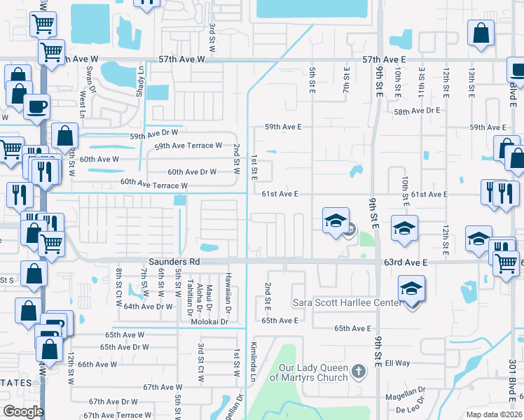 map of restaurants, bars, coffee shops, grocery stores, and more near 171 Guava Circle in Bradenton
