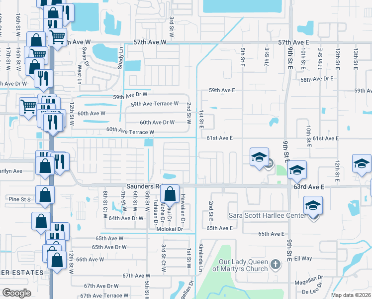 map of restaurants, bars, coffee shops, grocery stores, and more near 9 Peach Avenue in Bradenton