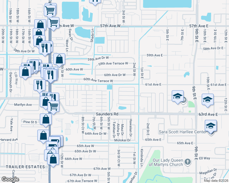map of restaurants, bars, coffee shops, grocery stores, and more near 14 Orchard Street in Bradenton