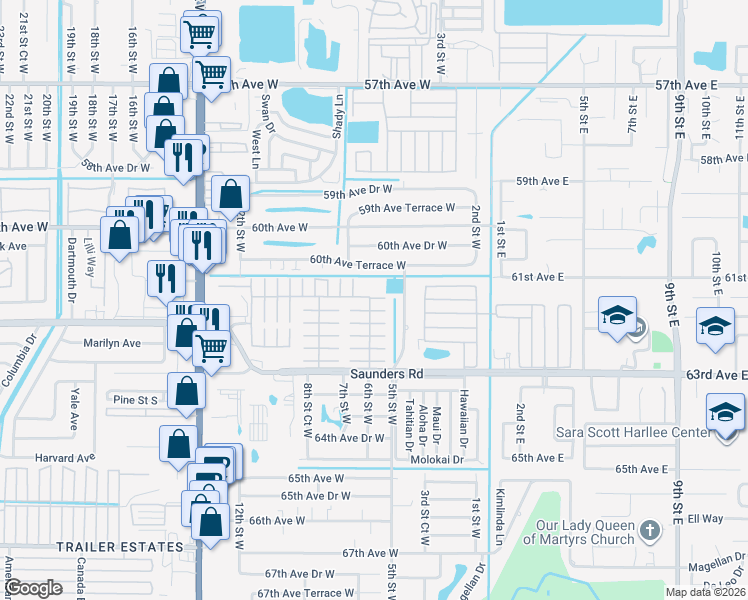 map of restaurants, bars, coffee shops, grocery stores, and more near 603 63rd Avenue West in Bradenton