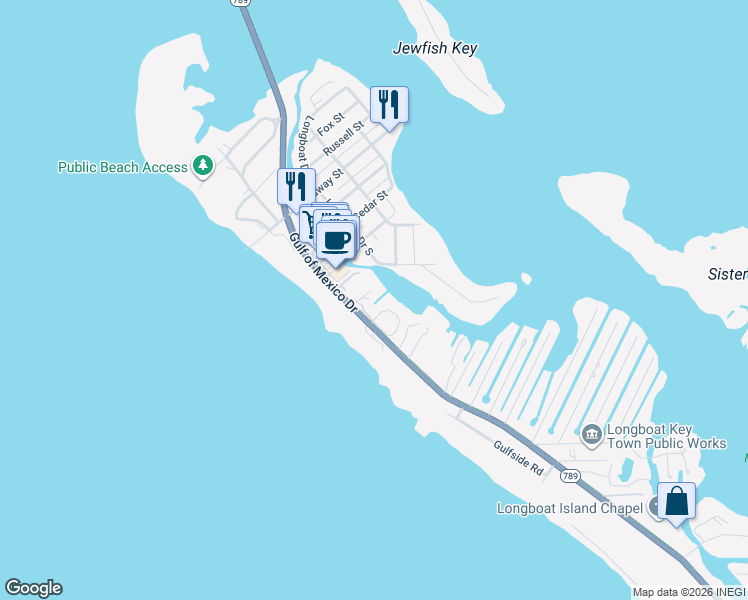map of restaurants, bars, coffee shops, grocery stores, and more near 6700 Gulf of Mexico Drive in Longboat Key