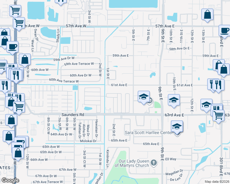 map of restaurants, bars, coffee shops, grocery stores, and more near 171 Guava Circle in Bradenton