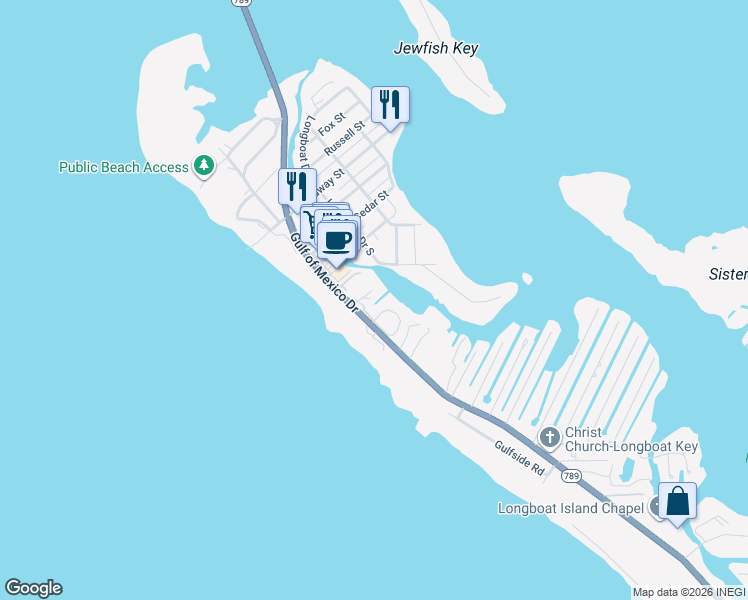 map of restaurants, bars, coffee shops, grocery stores, and more near 6700 Gulf of Mexico Drive in Longboat Key