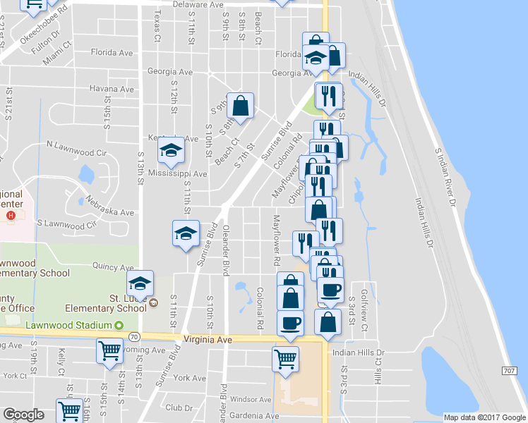 map of restaurants, bars, coffee shops, grocery stores, and more near 711 Ohio Avenue in Fort Pierce