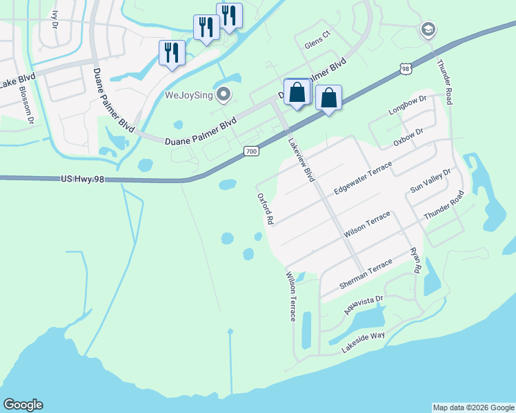 map of restaurants, bars, coffee shops, grocery stores, and more near 124 Oxford Road in Sebring