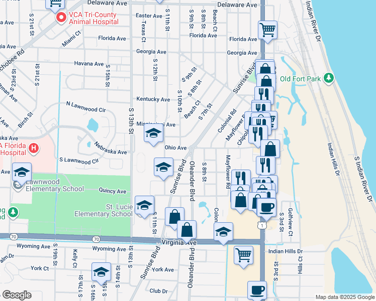 map of restaurants, bars, coffee shops, grocery stores, and more near 1605 Sunrise Boulevard in Fort Pierce