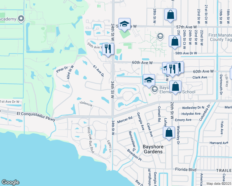 map of restaurants, bars, coffee shops, grocery stores, and more near 19 34th Street West in Bradenton
