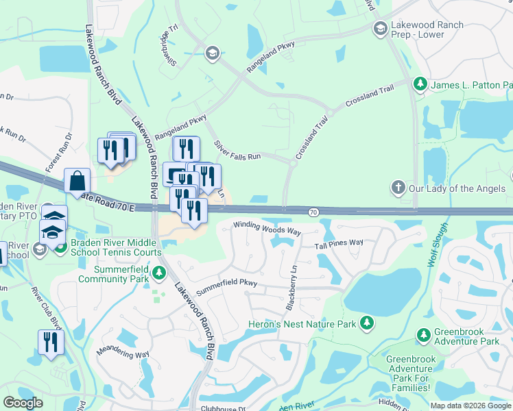 map of restaurants, bars, coffee shops, grocery stores, and more near 11649 State Road 70 East in Bradenton