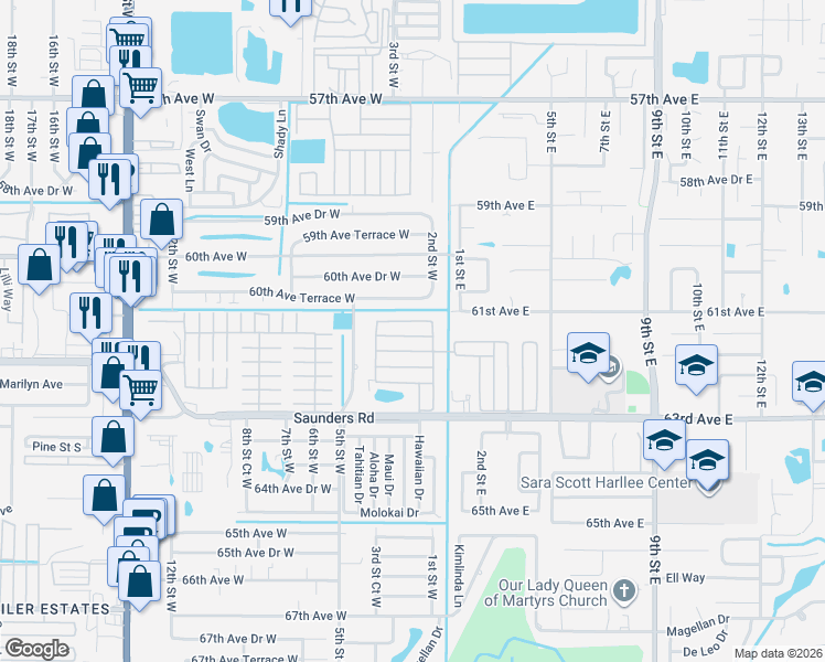 map of restaurants, bars, coffee shops, grocery stores, and more near 9 Peach Avenue in Bradenton
