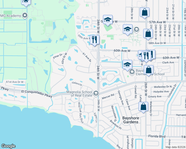 map of restaurants, bars, coffee shops, grocery stores, and more near 3407 61 Avenue Drive in Bradenton