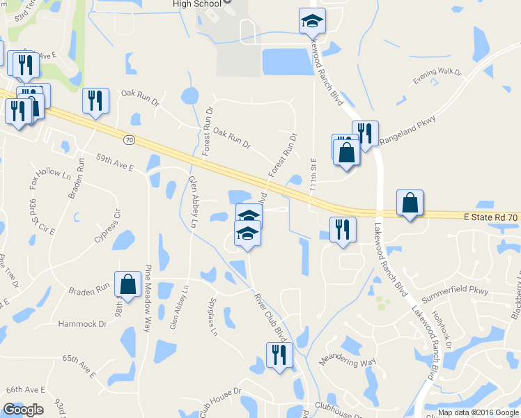 map of restaurants, bars, coffee shops, grocery stores, and more near 5901 River Club Boulevard in Bradenton