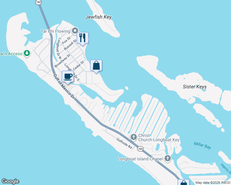 map of restaurants, bars, coffee shops, grocery stores, and more near 6515 Bayou Hammock Road in Longboat Key