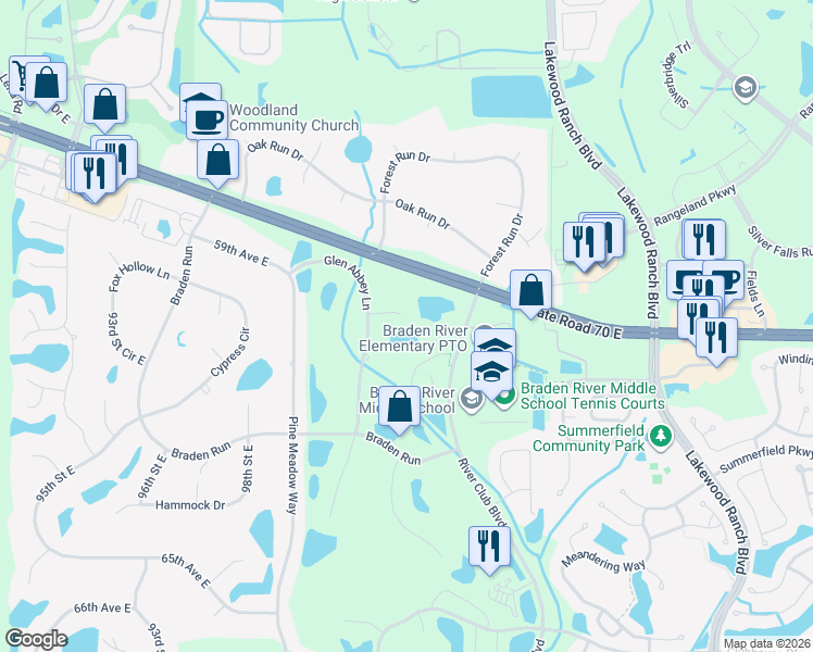 map of restaurants, bars, coffee shops, grocery stores, and more near 10310 Baltusrol Place in Bradenton