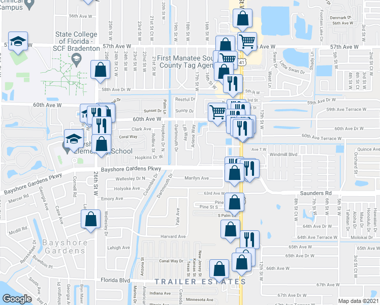 map of restaurants, bars, coffee shops, grocery stores, and more near 6069 Arlene Way in Bradenton