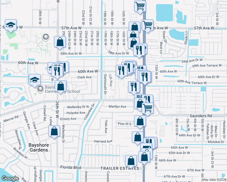 map of restaurants, bars, coffee shops, grocery stores, and more near 6064 Arlene Way in Bradenton