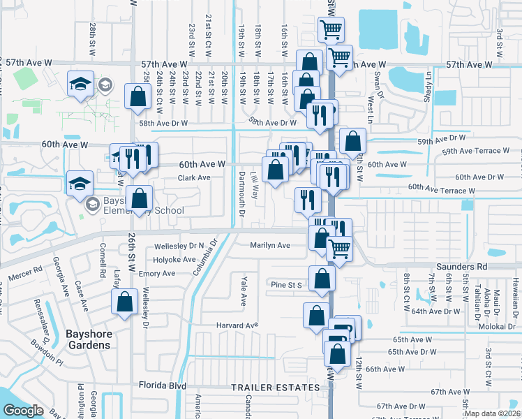 map of restaurants, bars, coffee shops, grocery stores, and more near 6069 Arlene Way in Bradenton