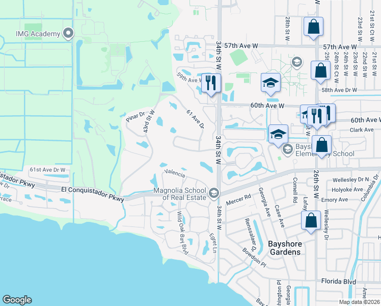 map of restaurants, bars, coffee shops, grocery stores, and more near 3509b Avenida Madera in Bradenton