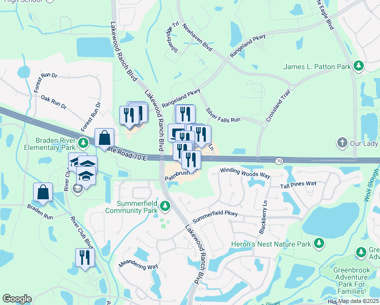 map of restaurants, bars, coffee shops, grocery stores, and more near 11607 Florida 70 in Bradenton
