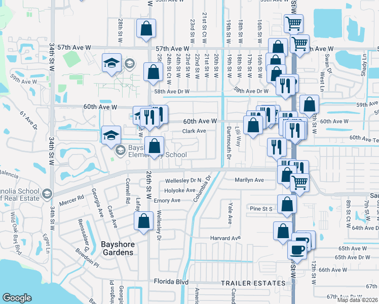 map of restaurants, bars, coffee shops, grocery stores, and more near 2208 Hopkins Drive West in Bradenton