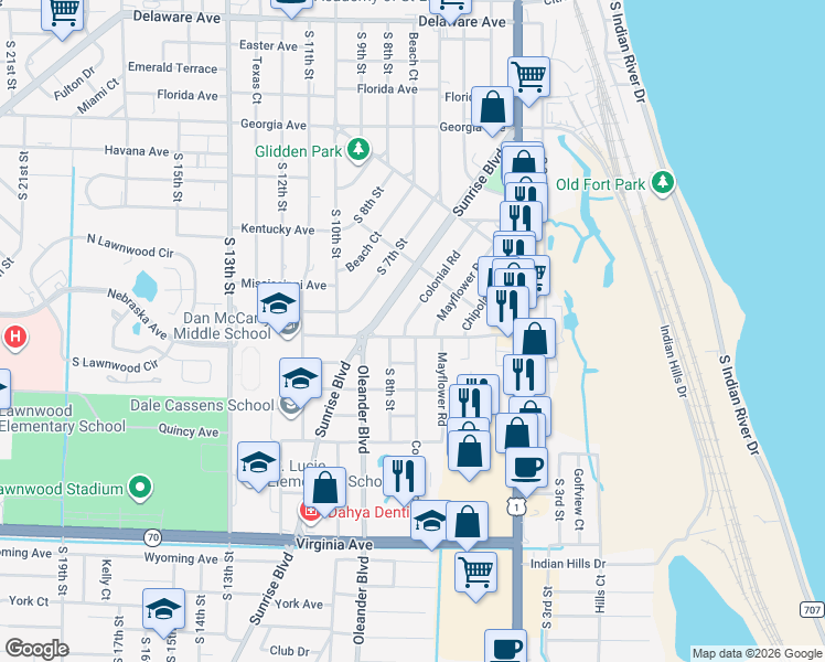 map of restaurants, bars, coffee shops, grocery stores, and more near 711 Ohio Avenue in Fort Pierce