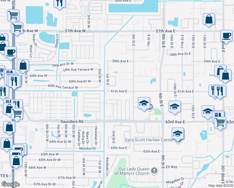 map of restaurants, bars, coffee shops, grocery stores, and more near 171 Guava Circle in Bradenton