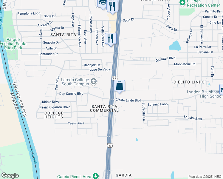 map of restaurants, bars, coffee shops, grocery stores, and more near 5508 Zapata Highway in Laredo
