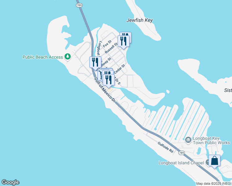 map of restaurants, bars, coffee shops, grocery stores, and more near 6800 Gulf of Mexico Drive in Longboat Key