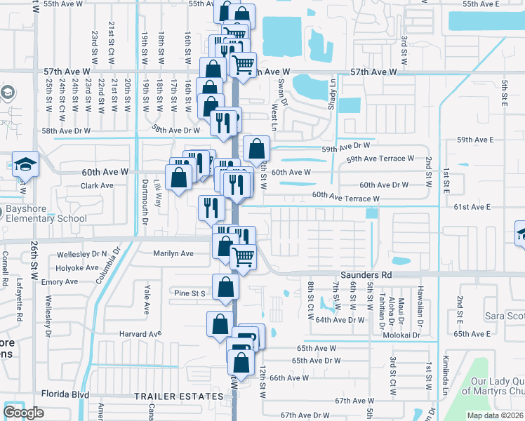 map of restaurants, bars, coffee shops, grocery stores, and more near 6033 12th Street West in Bradenton