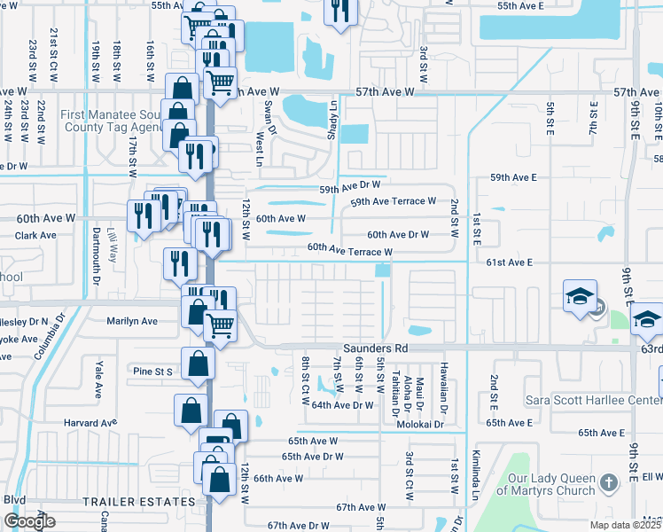 map of restaurants, bars, coffee shops, grocery stores, and more near 603 63rd Avenue West in Bradenton