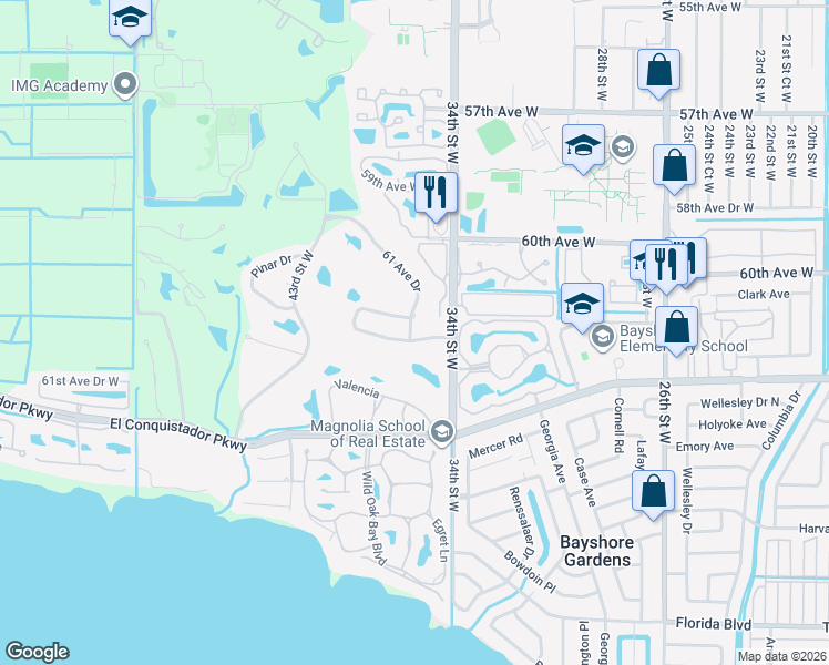 map of restaurants, bars, coffee shops, grocery stores, and more near 3416 61 Avenue Drive in Bradenton