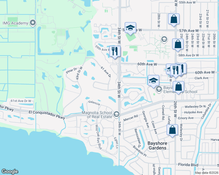 map of restaurants, bars, coffee shops, grocery stores, and more near 3416 61 Avenue Drive in Bradenton