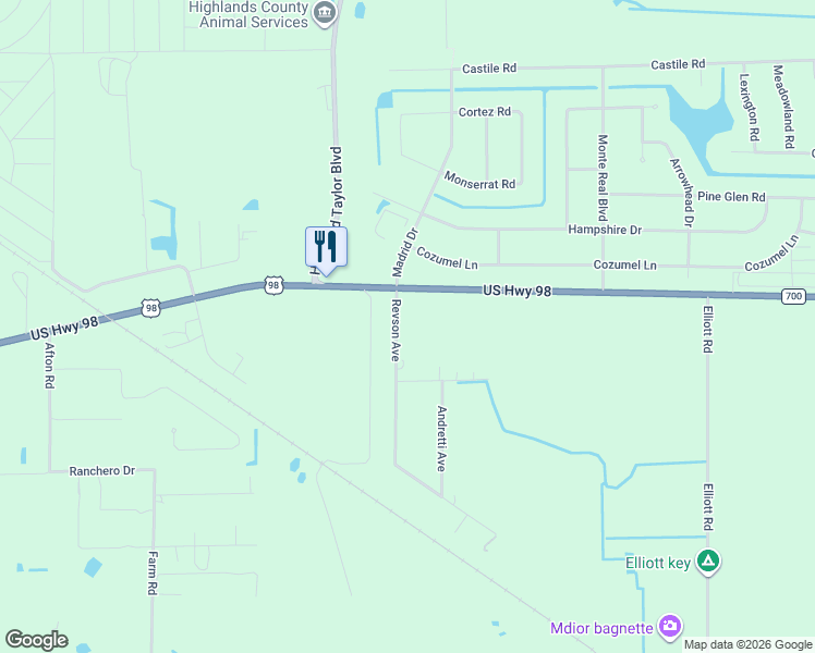 map of restaurants, bars, coffee shops, grocery stores, and more near 111 Revson Avenue in Sebring