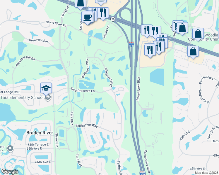 map of restaurants, bars, coffee shops, grocery stores, and more near 6067 Wingspan Way in Bradenton