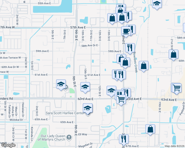map of restaurants, bars, coffee shops, grocery stores, and more near 6024 11th Street East in Bradenton