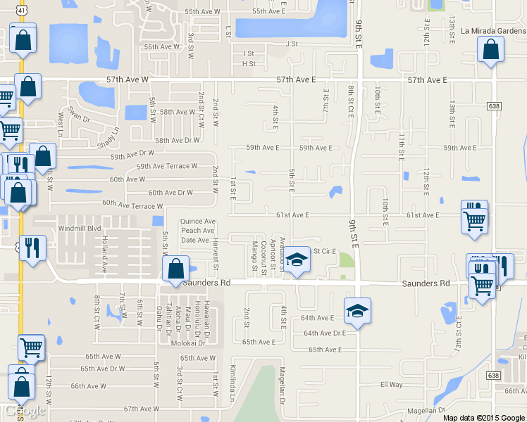 map of restaurants, bars, coffee shops, grocery stores, and more near 411 61st Avenue East in Bradenton