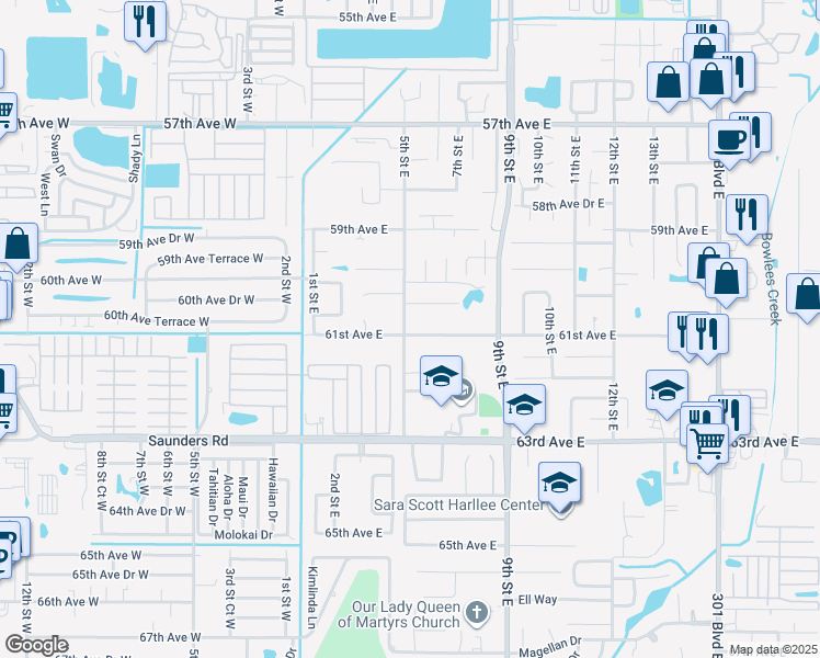 map of restaurants, bars, coffee shops, grocery stores, and more near 605 61st Avenue East in Bradenton