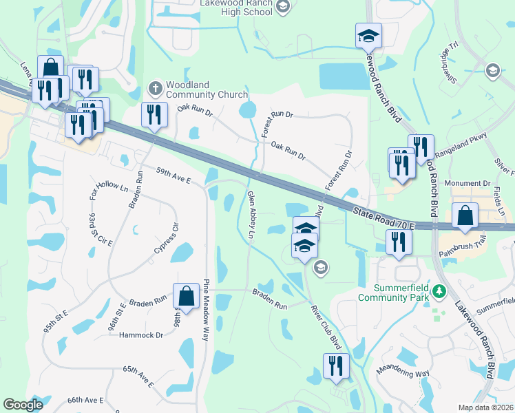map of restaurants, bars, coffee shops, grocery stores, and more near 6022 Glen Abbey Lane in Bradenton