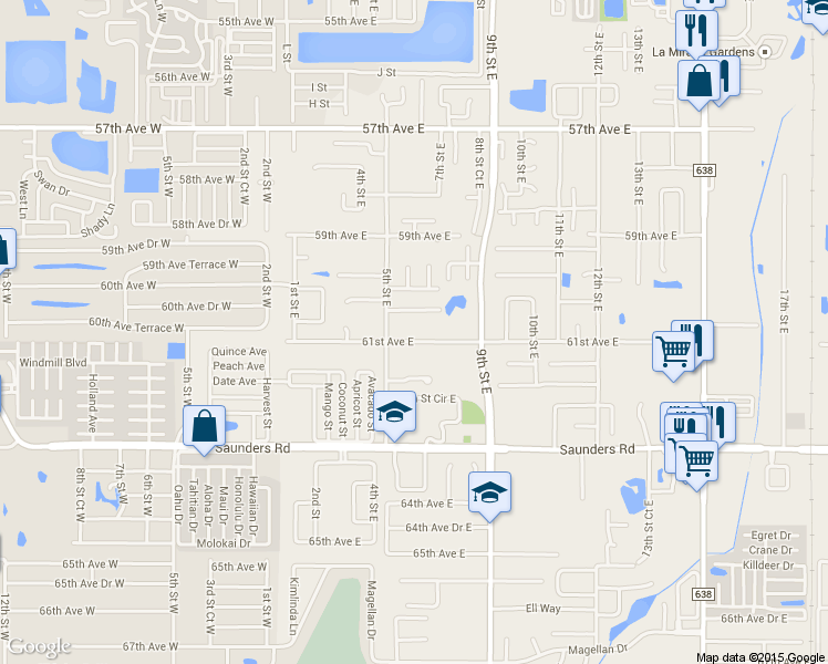 map of restaurants, bars, coffee shops, grocery stores, and more near 605 61st Avenue East in Bradenton