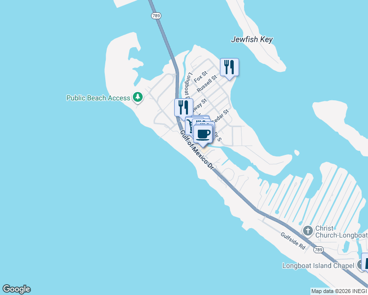 map of restaurants, bars, coffee shops, grocery stores, and more near 6857 Gulf of Mexico Drive in Longboat Key